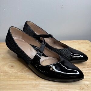 BeautiFeel Black Patent Leather Herringbone Mary Jane Kitten Heel Pumps Size 40